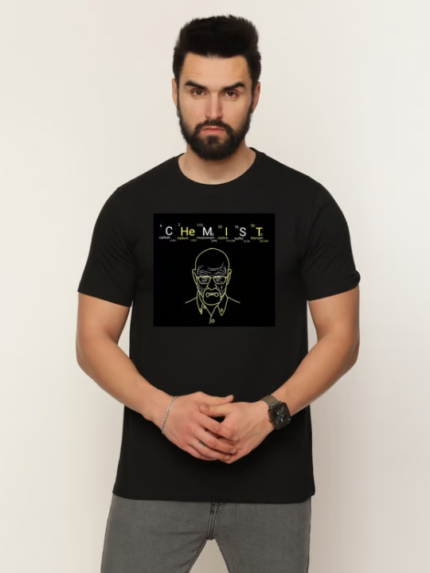 MEN'S BLACK ROUND NECK T-SHIRT WITH CHEMIST GRAPHIC PRINTED TSHIRT